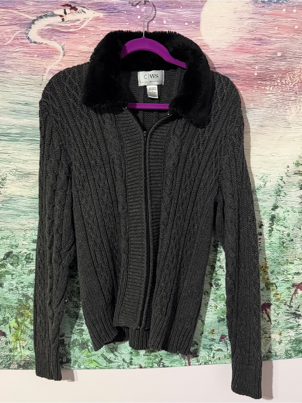 C\,WS Women's Charcoal Cable-Knit Zip Sweater with Faux Fur Collar